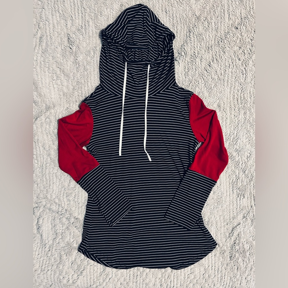 Tickled Teal Black and Red Striped Hooded Tunic